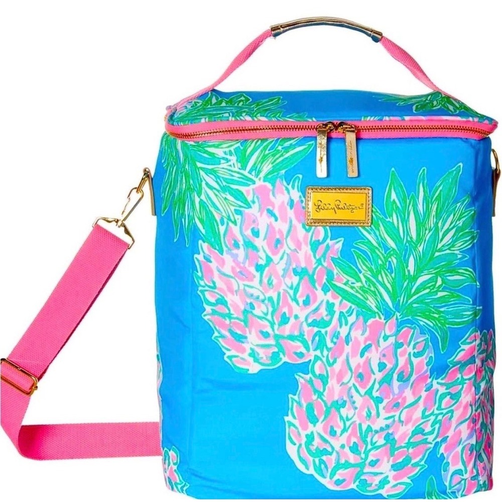 Lilly Pulitzer Wine Carrier Bag Blue Pink Pineapple Print Insulated 4 Bottle NWT